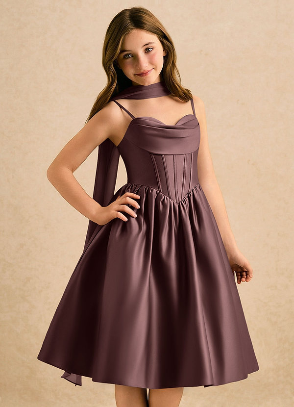 Azazie Shona Girls Formal Sukienki dla dziewczynek sypiących kwiaty Linia A Dekolt w kształcie serca Matowy satynowy Długość do kolan Sukienka image1