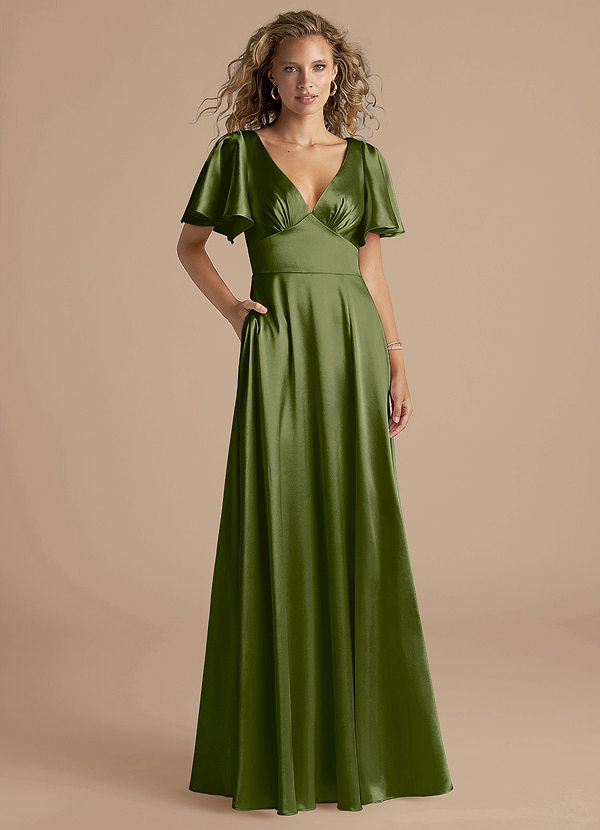 Azazie Kimber Bridesmaid Dresses Olive A-Line Ruched Metallic Satin Dress image1