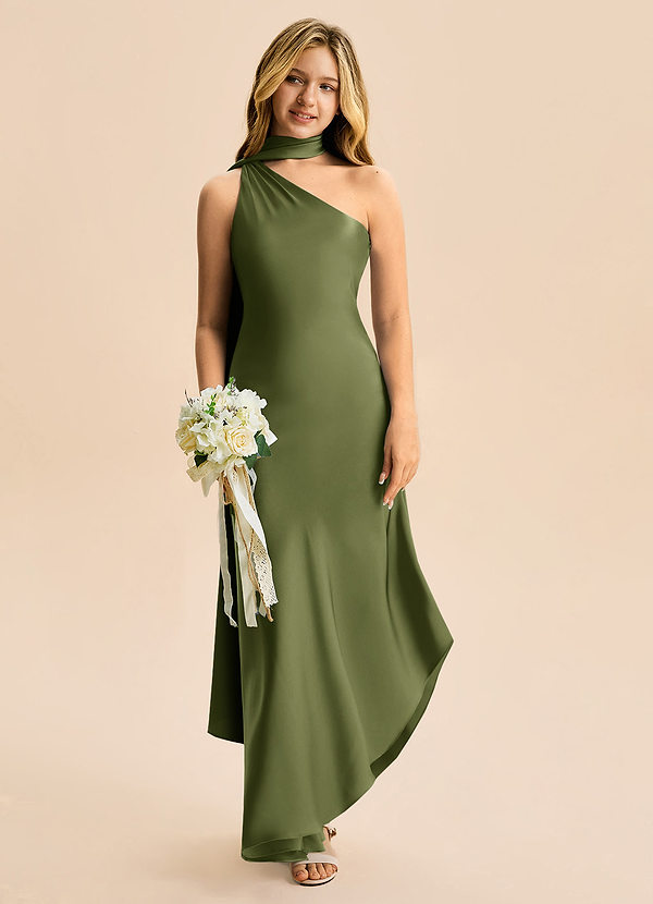 Azazie Briony Junior Olive Sheath Pleated Stretch Satin Dress image1