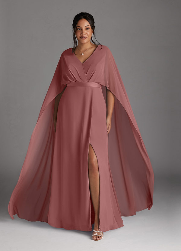 Azazie Isa Robe Mère de la Mariée & du Marié Robe Trapèze en Mousseline de soie Col V plissé Rose Du Désert image1