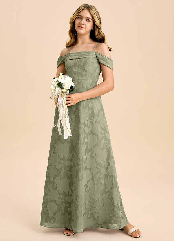 Azazie Anselie Junior Pistachio A-Line Off the Shoulder Floral Burnout Dress image1