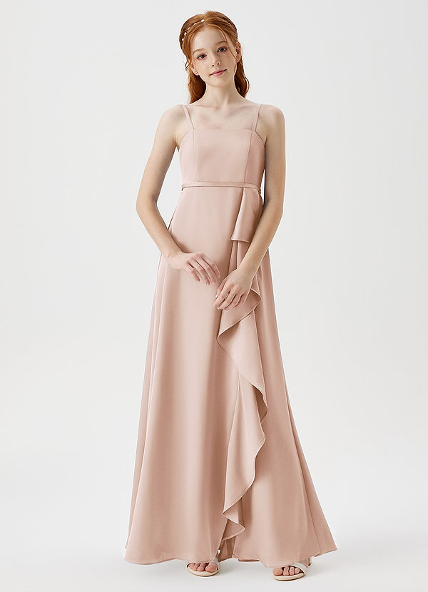 Azazie Kaylee Junior Blushing Pink A-Line with Belt Stretch Satin Dress image1