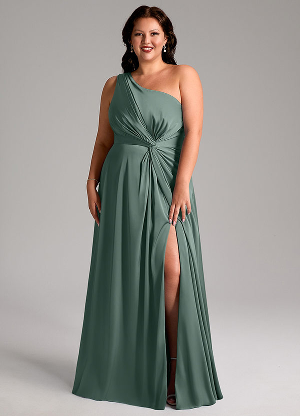 Azazie Brooke Bridesmaid Dresses Sea Moss A-Line One Shoulder Stretch Satin Dress image1