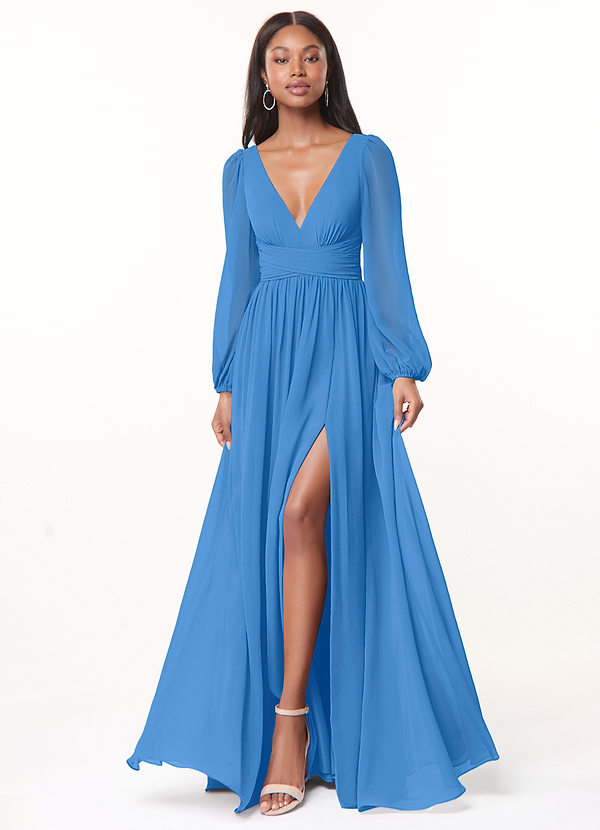 Azazie Norah Robes Demoiselle d'honneur Robe Trapèze en Mousseline de soie Col en V, manches longues Geai Bleu image1