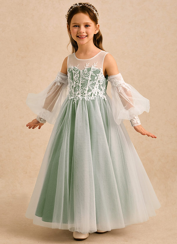Azazie Liora Flower Girl Dresses Dusty Sage Ball-Gown Lace Tulle Dress image1