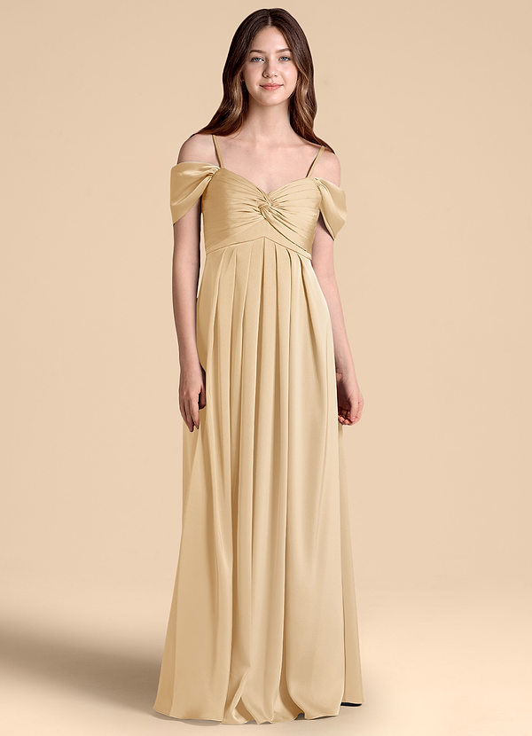 Azazie Kaitlynn Junior Gold A-Line Off the Shoulder Stretch Satin Dress image1
