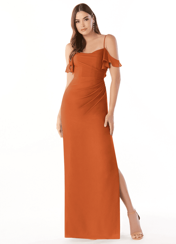 Azazie Emeralda Bridesmaid Dresses Cinnamon Sheath Off the Shoulder Chiffon Dress image1