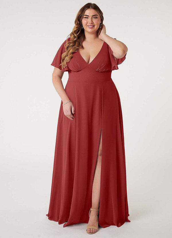 Azazie Kimber Bridesmaid Dresses Rust A-Line Flounce Sleeve Chiffon Dress image1