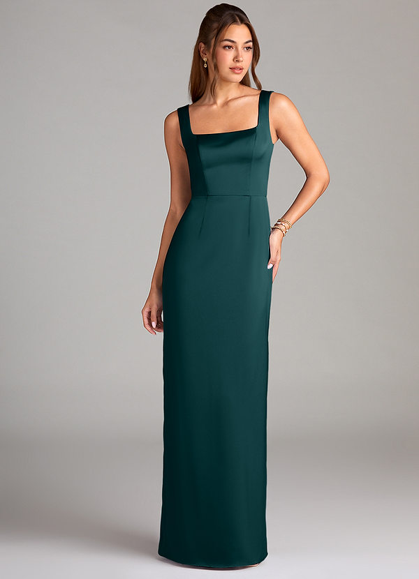 Azazie Flori Bridesmaid Dresses Pine Sheath Side Slit Stretch Satin Dress image1