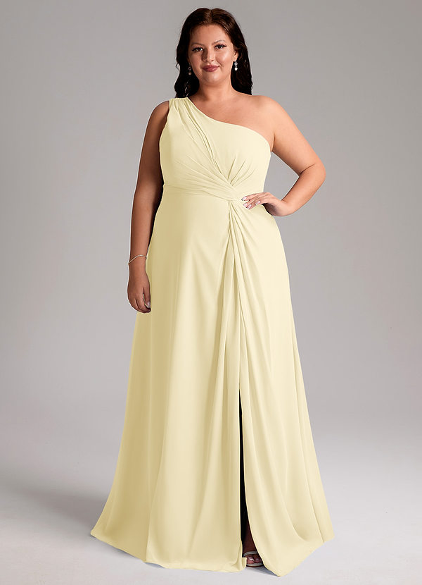 Azazie Brooke Vestidos Dama de Honor Vestido de Sorbete De Limón de Gasa de Corte en A con Hombro unilateral image1