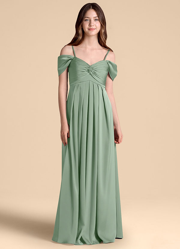Azazie Kaitlynn Junior Matcha A-Line Off the Shoulder Stretch Satin Dress image1