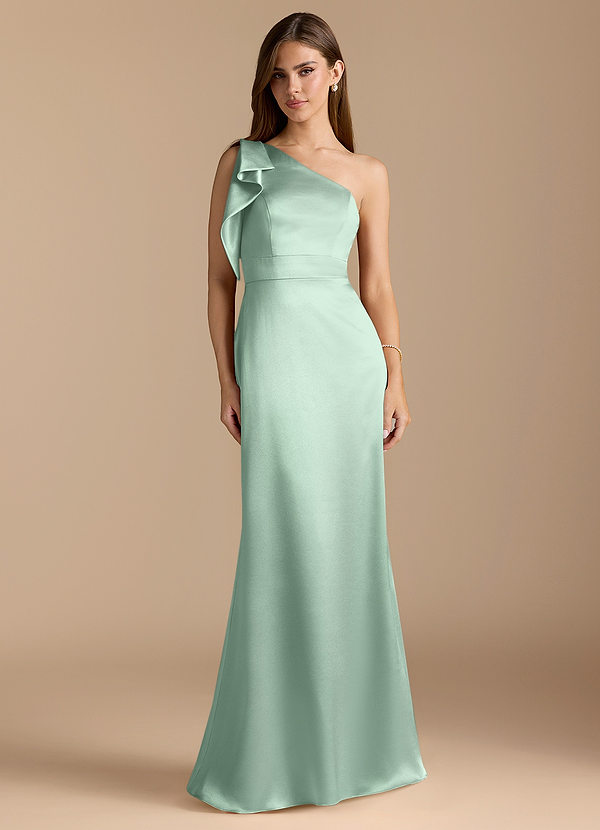 Azazie Rinna Bridesmaid Dresses Agave Mermaid Ruched Metallic Satin Dress image1