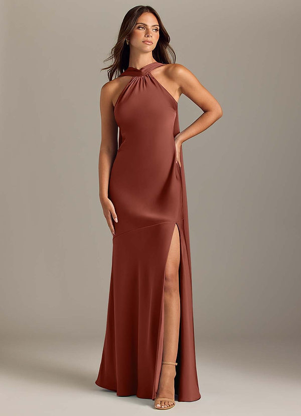 Azazie Kinsley Bridesmaid Dresses Vestido Castanho Aloirado de Cetim elástico de sereia com Fenda Lateral image1