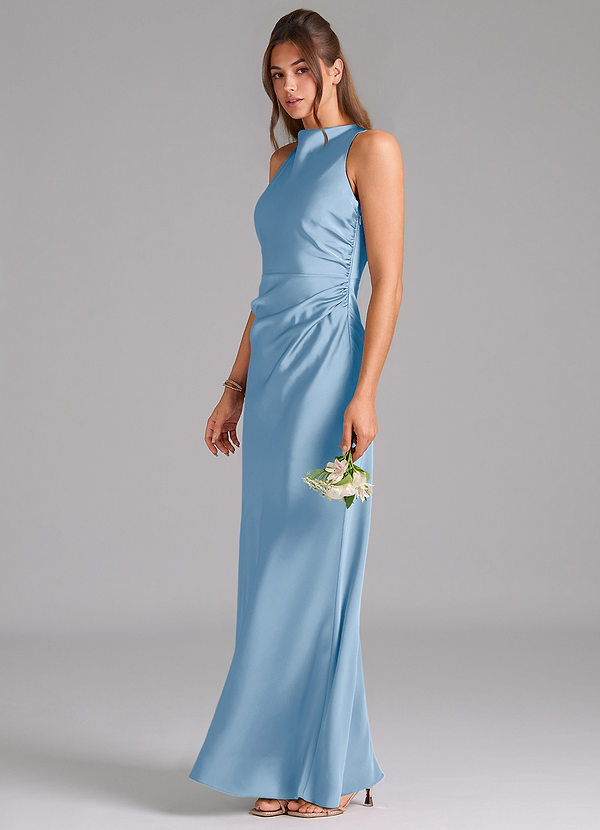 Azazie Evadne Bridesmaid Dresses Powder Blue Sheath Pleated Stretch Satin Dress image1