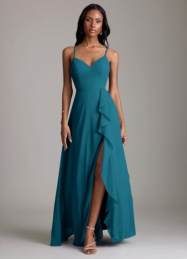 Azazie Naeem Bridesmaid Dresses Ink Blue A-Line V-Neck Ruffle Chiffon Dress image1