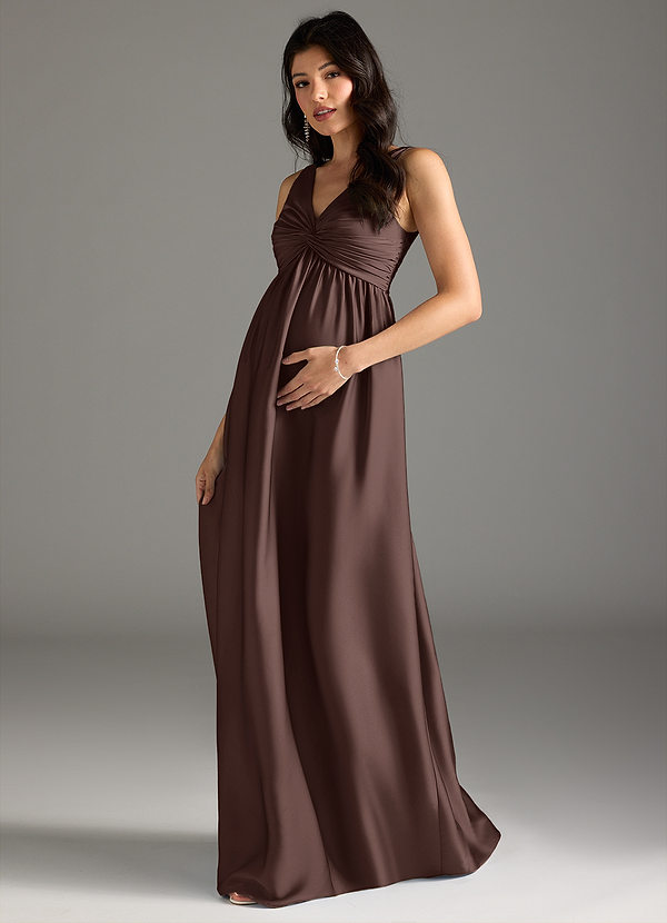 Azazie Yetta Robe demoiselle d'honneur enceinte Robe Trapèze Plissée Longueur ras du sol Satin extensible image1