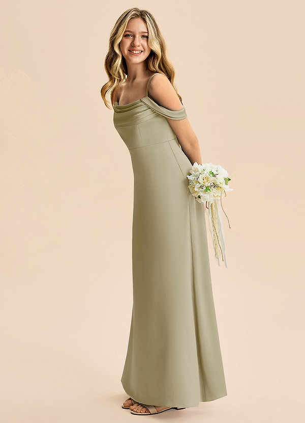 Azazie Lettie Junior A-Linie Schulterfrei Stretch-Satin Kleid Moosgrün image1