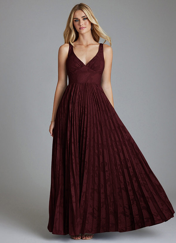 Azazie Mirella Bridesmaid Dresses Cabernet A-Line Pleated Floral Burnout Dress image1