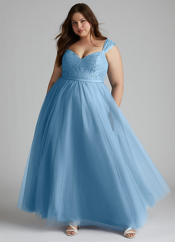 Azazie Luxi Brautjungfernkleider A-Linie Plissee Tüll Kleid Stahlblau image1