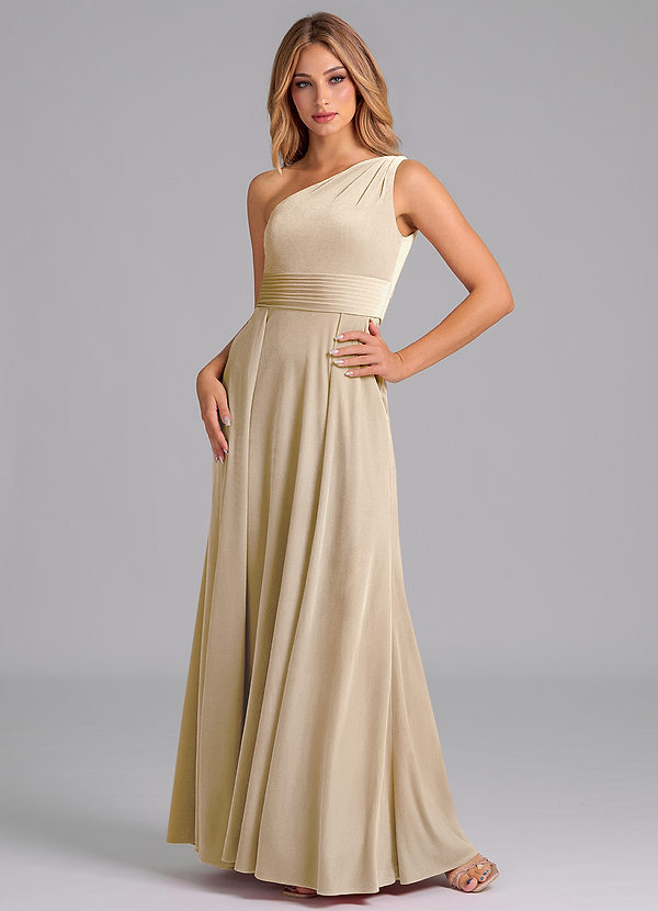 Azazie Dallas Robes Demoiselle d'honneur Robe Trapèze en velours Ue épaule Champagne image1