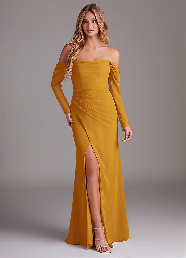 Azazie Hallie Bridesmaid Dresses Butterscotch Mermaid Long Sleeve Chiffon Dress image1