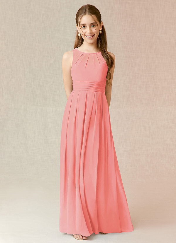 Azazie Bibiane Junior Coral A-Line Pleated Chiffon Dress image1