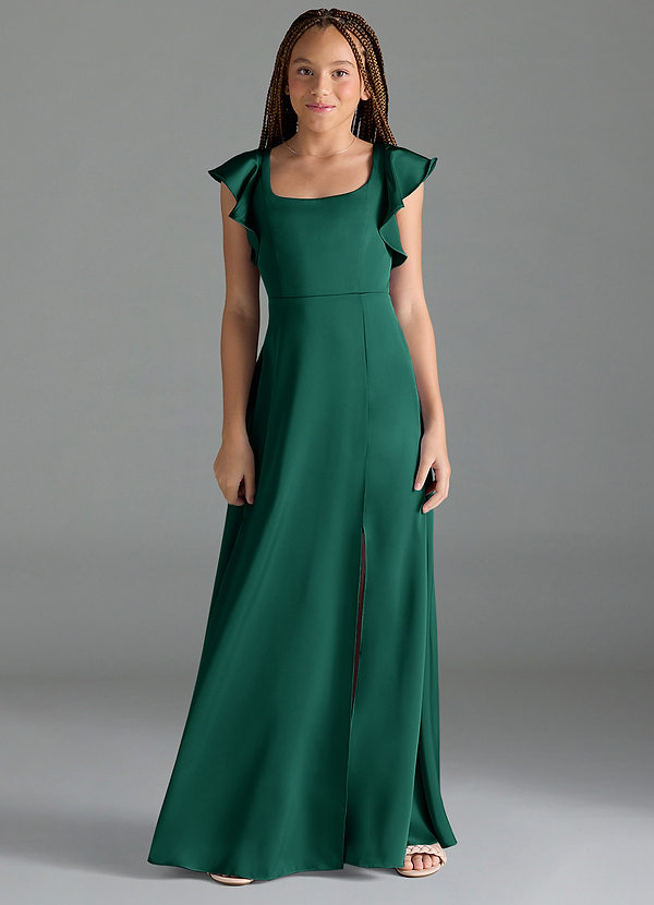 Azazie Bondi Junior Emerald A-Line Side Slit Stretch Satin Dress image1