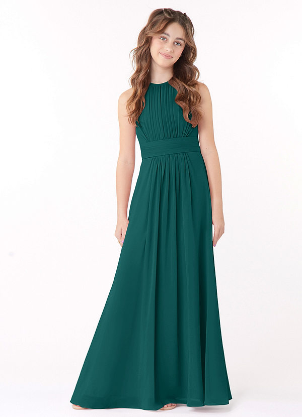 Azazie Bonnie Junior Peacock A-Line Pleated Chiffon Dress image1