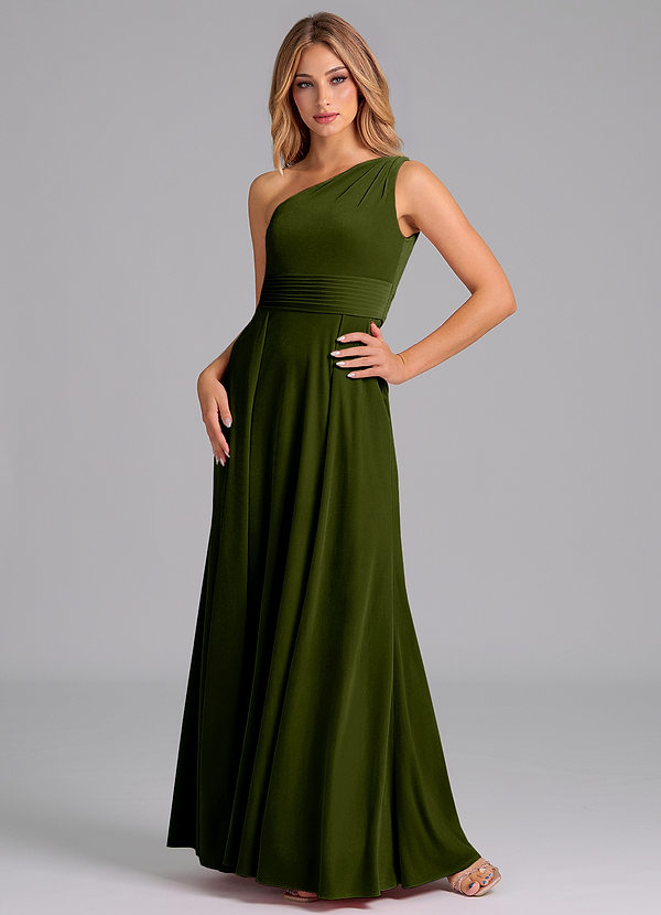 Azazie Dallas Bridesmaid Dresses Olive A-Line One Shoulder Velvet Dress image1