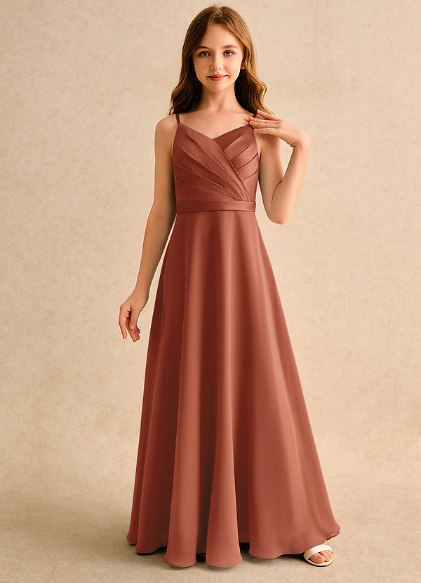 Azazie Umina Girls Formal Bloemenmeisjes Jurken A-Lijn Jurk van Mat Satijn Geplooid Kastanjebruin image1