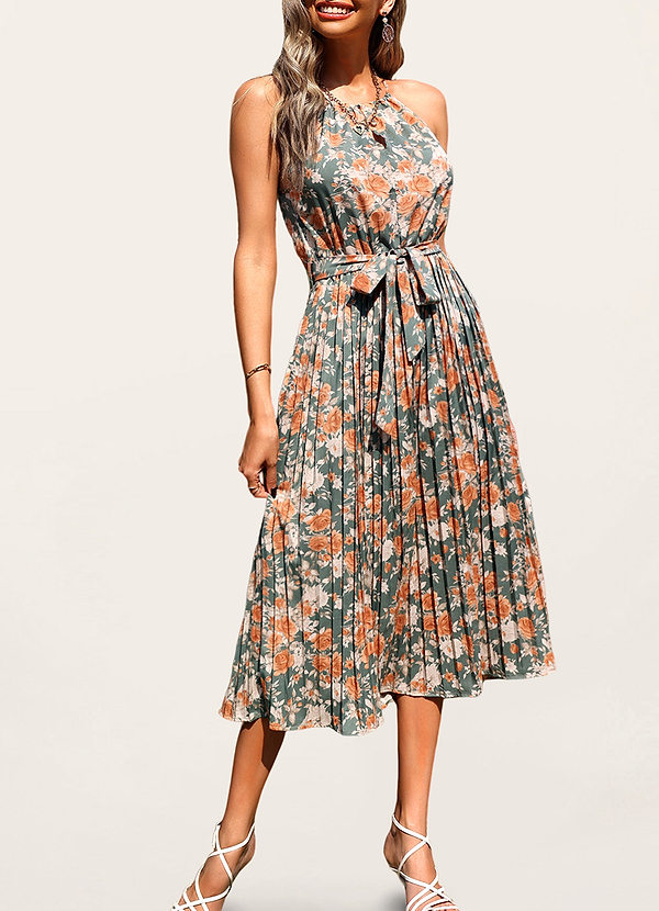 front Sparkling Summer Green Floral Print Pleated Midi Dress