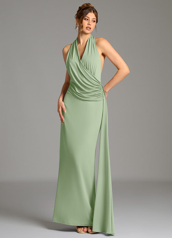 Azazie Nakia Bridesmaid Dresses Dusty Sage Sheath Pleated Premium Stretch Jersey Dress image1
