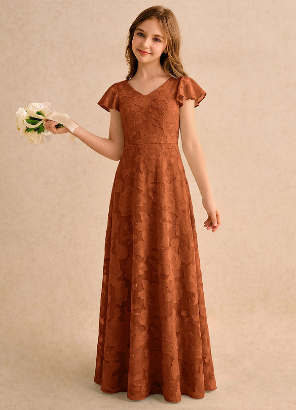 Azazie Narin Girls Formal Abiti da Damigella Bambina Abito A-Line in Burnout Floreale con Maniche Arancia Bruciata image1