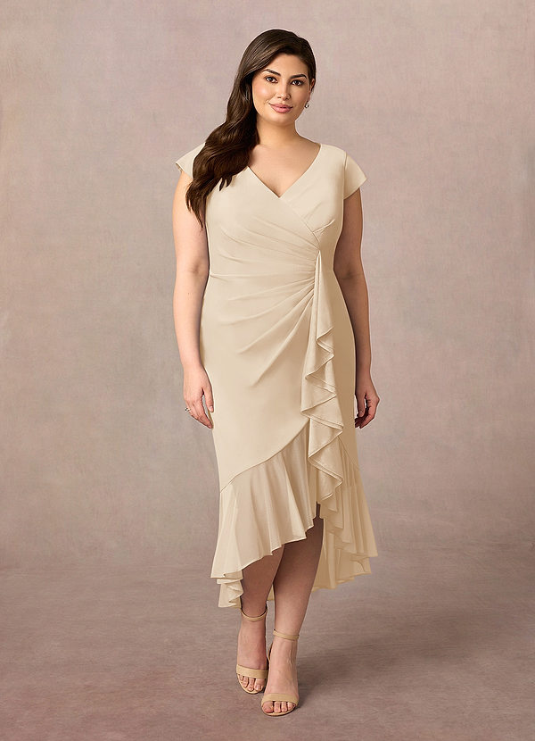 Azazie Renetta Vestidos de Madre de la Novia Vestido de Champán de Malla de Recto con Cuello en V plisado image1