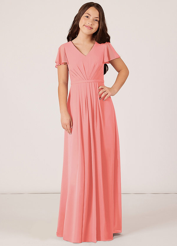 Azazie Peony Junior Robe Trapèze en Mousseline de soie Plissée Corail image1