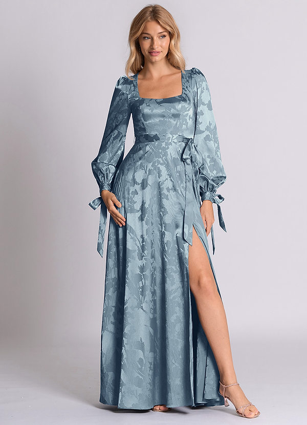 Azazie Leonia 신부 들러리 드레스 A라인 긴팔 자카드 바닥 길이 드레스 image1