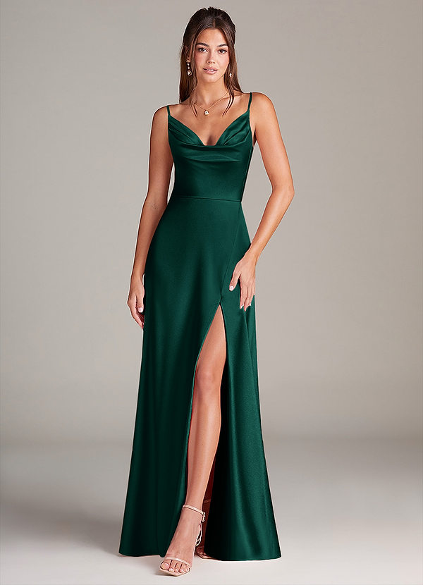 Azazie Sarella Robes Demoiselle d'honneur Robe Trapèze en Satin extensible Plissée émeraude image1