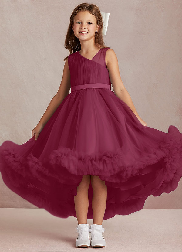 Azazie Lottie Flower Girl Dresses Mulberry A-Line One Shoulder Satin Dress image1