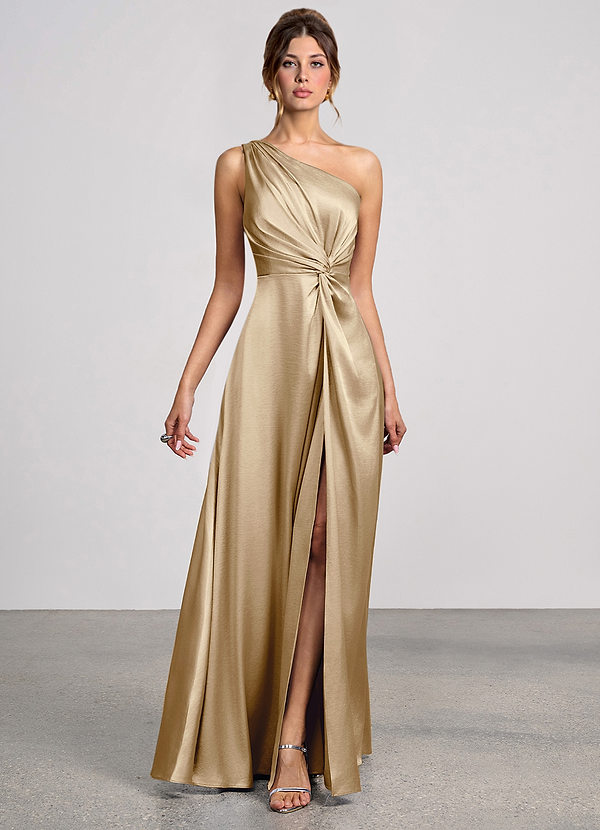 champagne satin maxi dress Kai Luxurious satin Champagne Satin Gown - Surplice