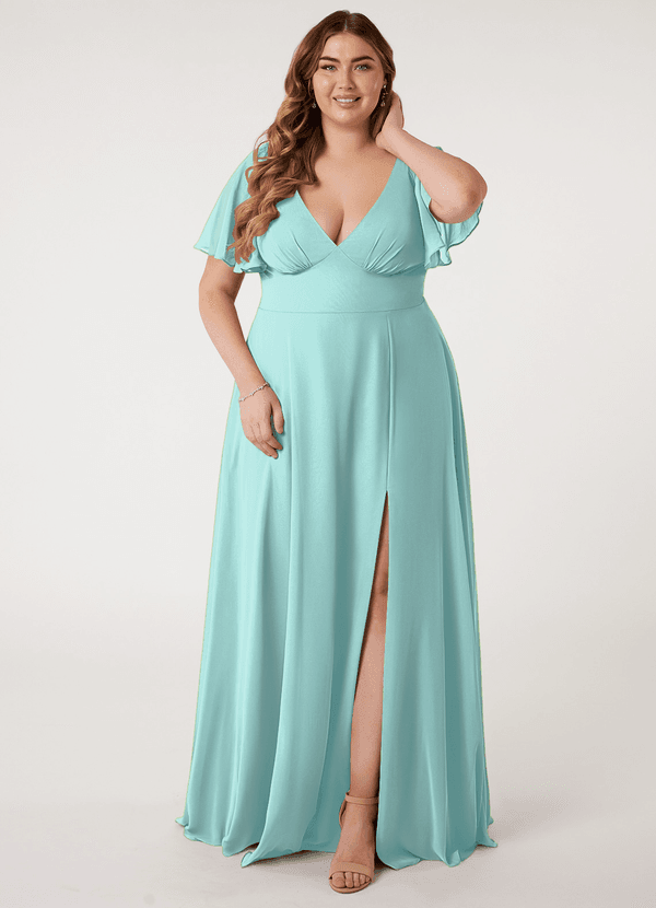 Azazie Kimber Bridesmaid Dresses Aqua A-Line Flounce Sleeve Chiffon Dress image1