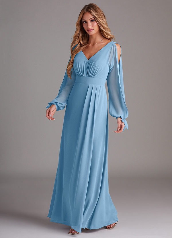 Azazie Matilda Bridesmaid Dresses Steel Blue A-Line Long Sleeve Chiffon Dress image1