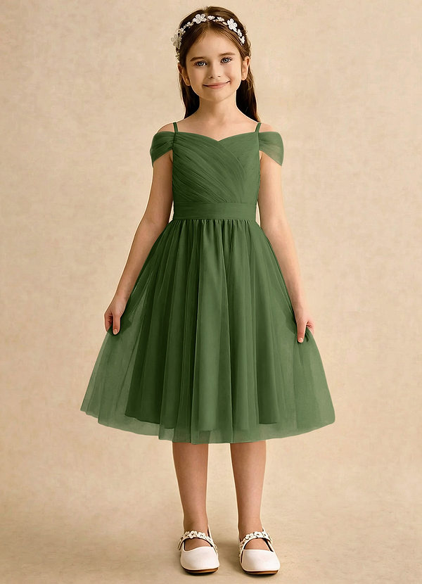 Azazie Lila Girls Formal Robes de Fillette d'Honneur Robe Trapèze en Tulle Épaule décolletée Olive image1