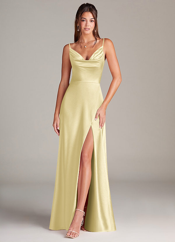 Azazie Sarella Brautjungfernkleider A-Linie Plissee Stretch-Satin Kleid Zitronensorbet image1