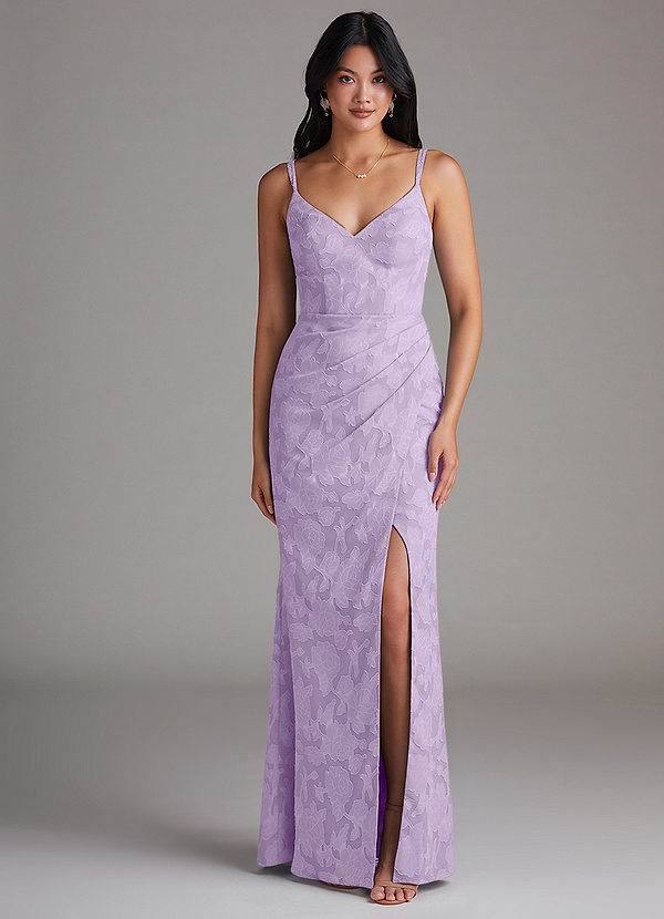 Azazie Leo Bridesmaid Dresses Lilac Sheath Pleated Floral Burnout Dress image1