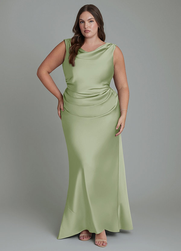 Azazie Kieryn Vestidos de dama de honor Vestido Salvia Polvorienta de Satén Elástico de Corte Sirena con Plisado image1