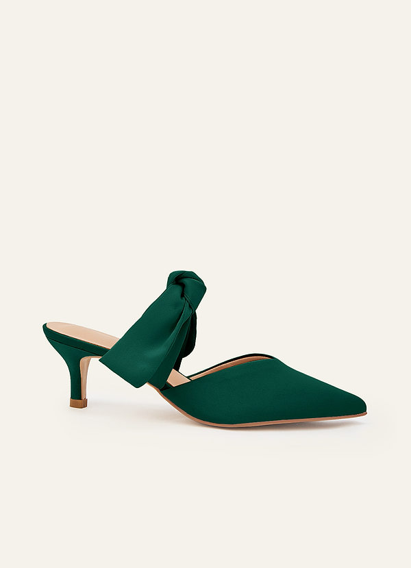 front Matching Color Stretch Satin Bow Pointed Toe Kitten Heel Mules