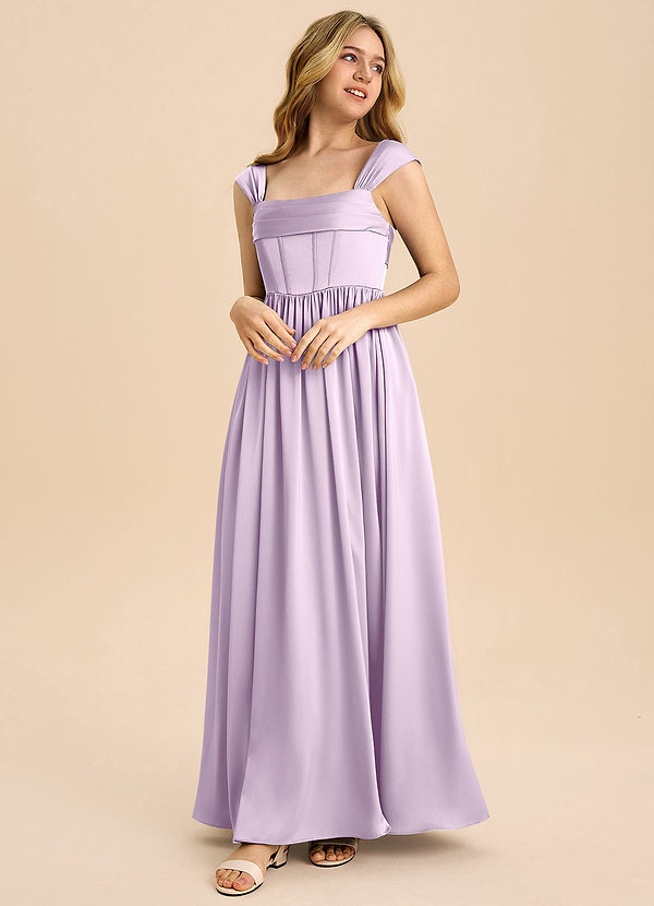 Azazie Hattie Junior Abito A-Line in Raso Elasticizzato Plissettato Lilla Glassato image1