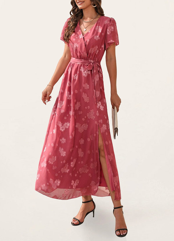 front Lovely For Today Red Floral Burnout Short Sleeve Maxi Dress