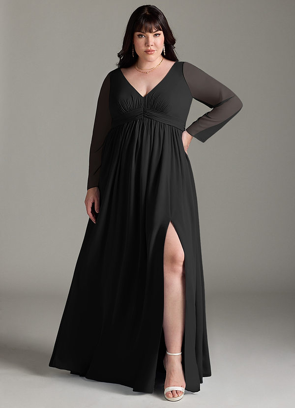 Azazie Teton Robe demoiselle d'honneur enceinte Robe Trapèze Manche longue Longueur ras du sol Mousseline de soie image1