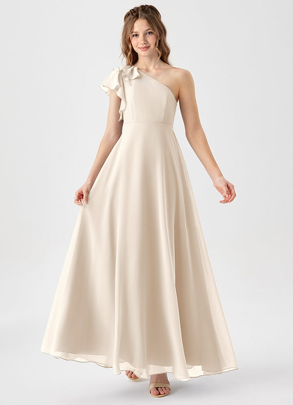 Azazie Arabella Junior Robe Trapèze en Mousseline de soie Drapé Albâtre Blanc image1